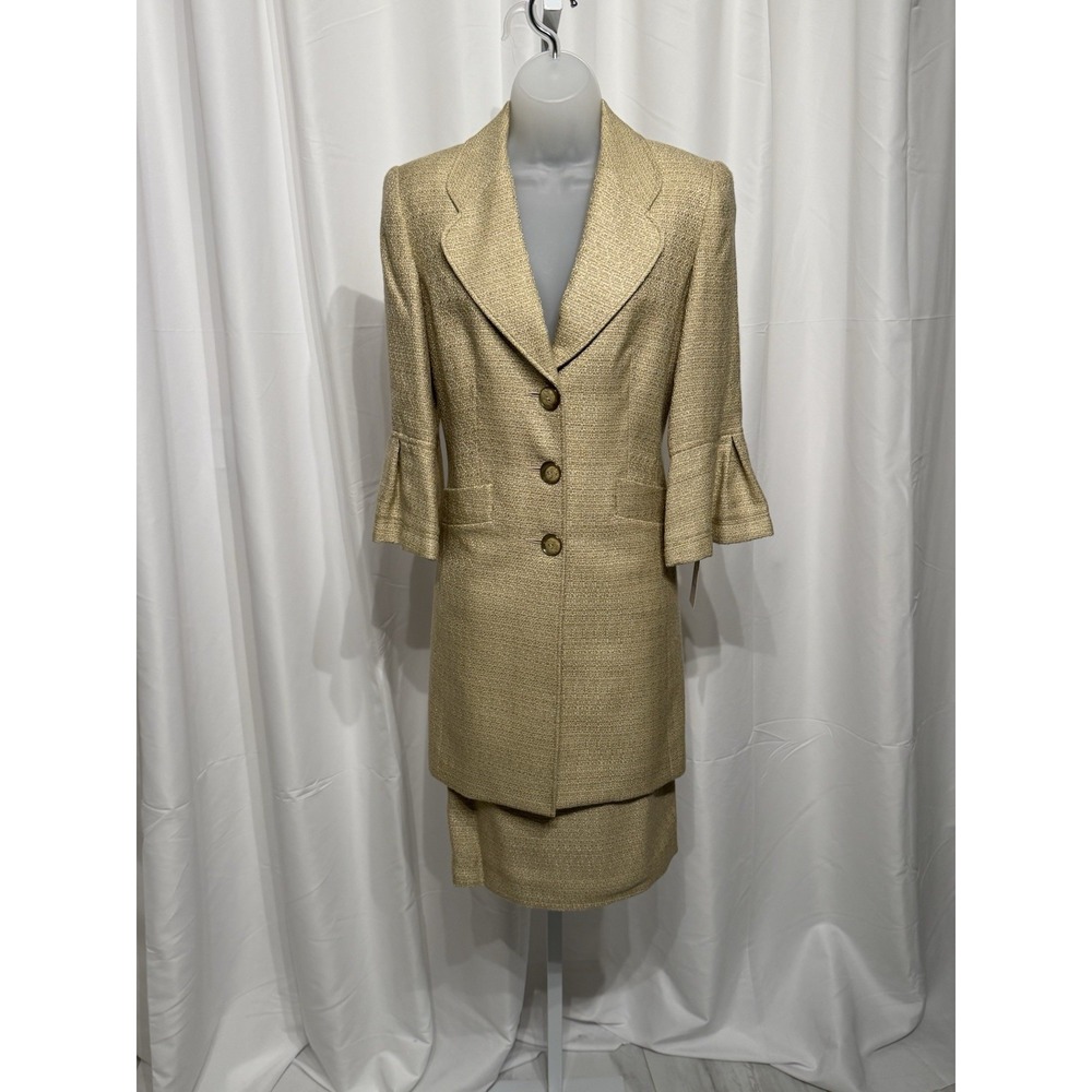 Isabel & Nina Skirt Suit Beige Tweed Long 3/4 Bell Sleeves Blazer Sz  6/8 NWT